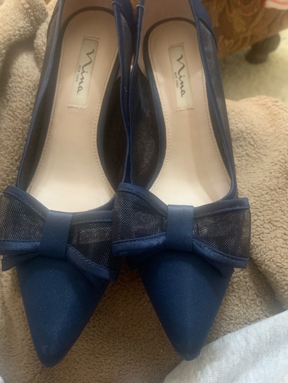 Nina Navy Pointed-Toe Bow Flats